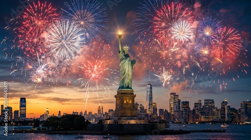 Independence day usa celebration fireworks over statue of liberty new york skyline patriotic night scene for travel tourism banner poster holiday marketing and event design