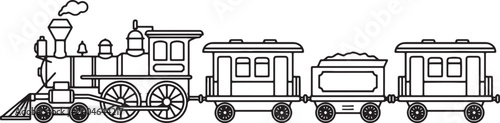 Photography Black and white line of a vintage steam train with three carriages also transpar