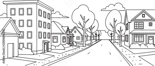 Canvastavla Black and white of suburban street with houses, trees, and a road also transpare