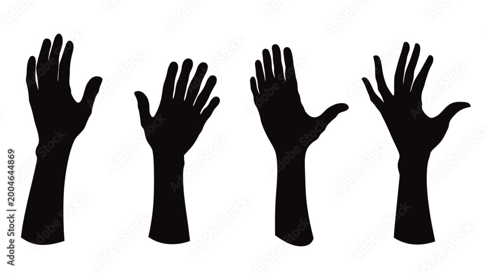 Obraz premium Silhouettes of four hands in various positions, creating a sense of interaction on a white background