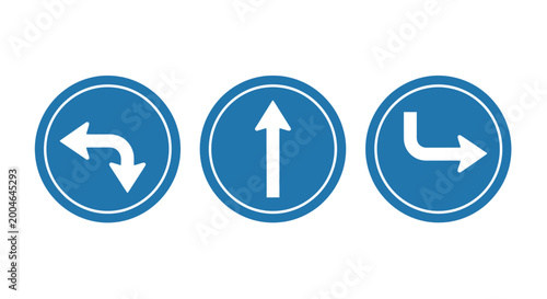 Free Download Road Signs Set Indicating Left Turn, Straight, and Right Turn Directions and Blue Circular Vector Icons Isolated on White - GFXLoad