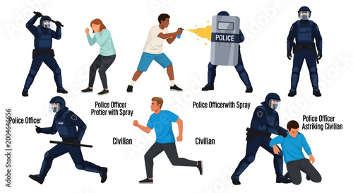 Fotografi Police officers, law enforcement, riot control, protest, vector icons