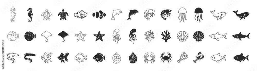 Fototapeta premium Marine ocean icon set, underwater animals and coral reef symbols collection on transparent background