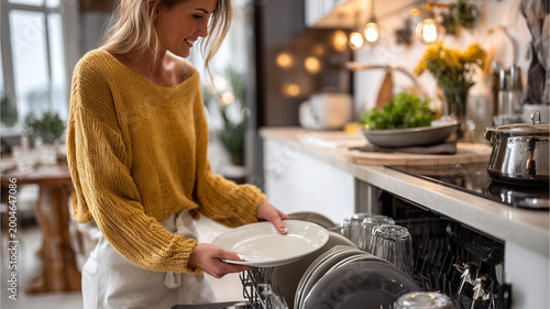 Woman joyfully loading dishes into a sparkling dishwasher in a cozy kitchen