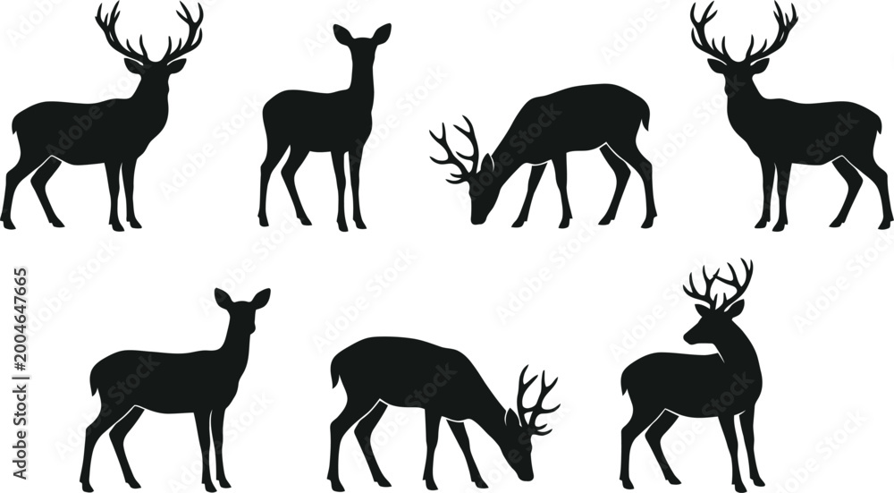 Fototapeta premium Deer silhouettes, black deer icons, stag and doe vector graphics, wildlife symbols