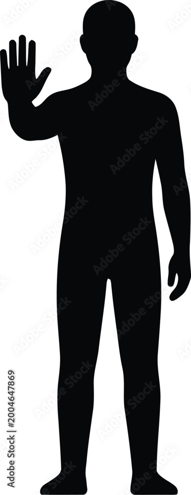 Fototapeta premium Black silhouette man waving, stop gesture, hand raised, human figure icon