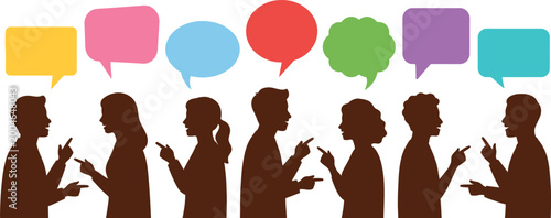Vector conversation icons, people talking, colorful speech bubbles, communication symbols, dialogue illustrations