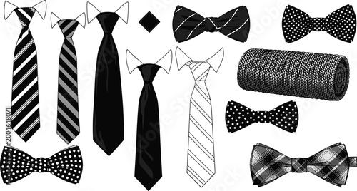 Quadro su tela Collection of Black and White Ties, Bow Ties, and Accessories in Line Art Vector