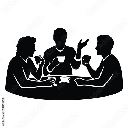 Φωτογραφία Three men friends sitting at table drinking coffee and talking vector illustration