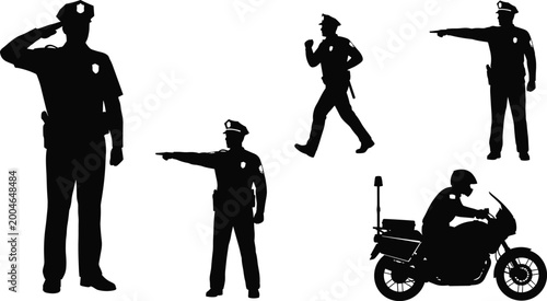 Billede på lærred Silhouettes of Police Officers in Different Poses and Motorcycle Patrol Vector I