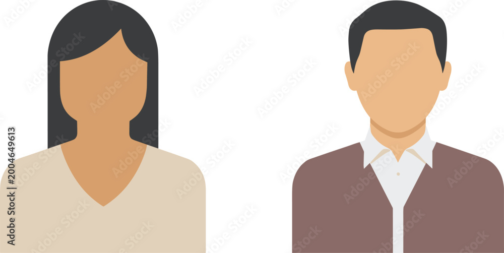 Fototapeta premium Flat avatar icons of man and woman with faceless features isolated on white background for user profile placeholders and web design elements.