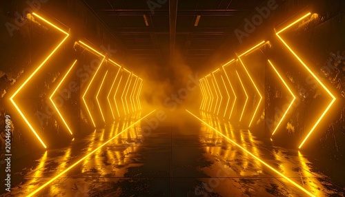 Illuminated corridor with neon yellow arrow lights leading into hazy smoke