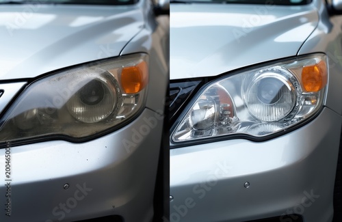 Car headlight before and after cleaning. Restoration improves clarity and brightness. Dull yellowed plastic becomes clear and shiny. Improves visibility for safer driving at night.
