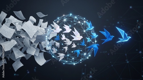 Paper documents transforming into digital origami birds flying through a futuristic glowing network globe representing data migration.