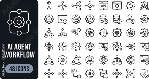 Tablou pe pânză AI agent workflow line icon set featuring automation orchestration decision rout