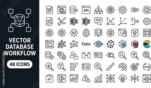 Konstfotografi Vector database workflow line icon set featuring embedding search indexing retri
