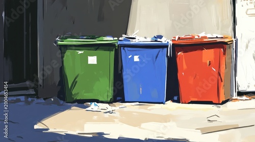 Bright daylight illuminates overflowing colorful recycling bins on an urban street, highlighting waste management issues.