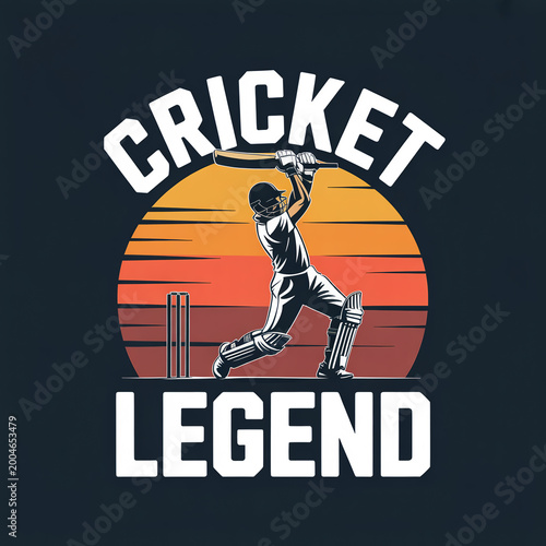 Of a cricket batsman hitting a ball with a bat, sunset background, sport legend
