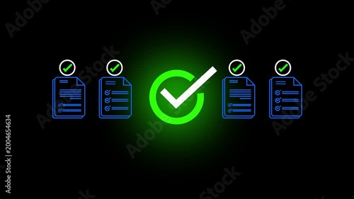 Digital Glowing checklist and approval workflow showing business document validation and task tracking system for decision making, process optimization, and quality verification with high efficiency