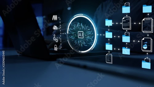 ai futuristic holographic interface of a file manager, folder structure with documents and data scanning, digital document storage software, cloud database, search and manage documents, paperless