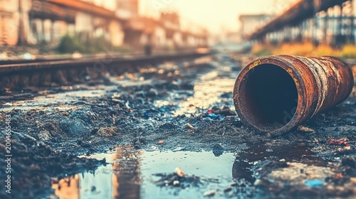 Rusty industrial pipe lies in toxic, polluted ground with detailed textures in a neglected urban environment
