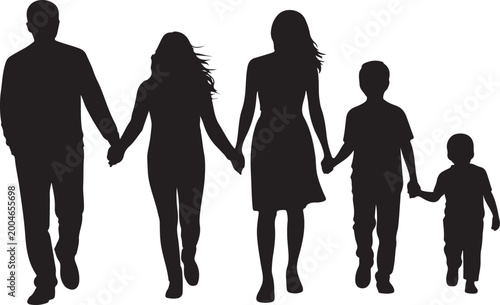 Silhouette of a family of five people holding hands walking together
