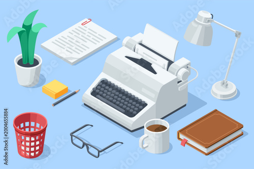 Tableau sur toile Isometric vector icon set of a typewriter and a book next to glasses and a cup o