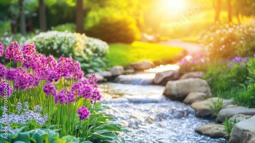 Vibrant purple wildflowers bordering a gently flowing stream in a sun-drenched spring garden.