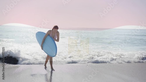 Wave rolling causing surfer walking ashore carrying board for health with tide animation at feet