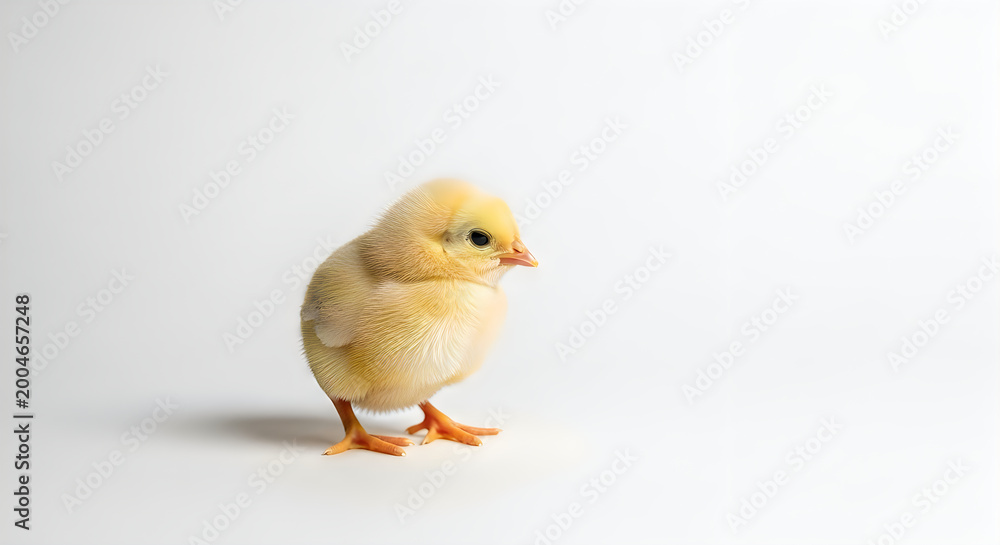 Obraz premium Cute yellow chick standing on plain surface