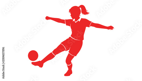 Black vector silhouette of a young girl playing soccer with a ball