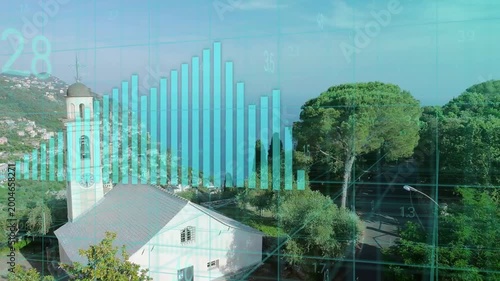On play turquoise bars rising over white church, spreading into waveform, visualizing coastal data