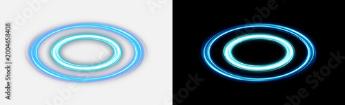 Blue neon glowing ring portal isolated on transparent background, electric cyan circle halo with inner glow, sci-fi energy vortex HUD effect overlay PNG