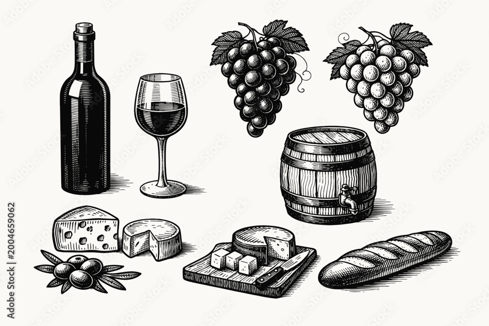Fototapeta premium Vintage engraving style collection of wine bottle, glass, grapes, wooden barrel, cheese, olives, and baguette bread icons. Hand-drawn vector illustration for winery, menu, and food branding.