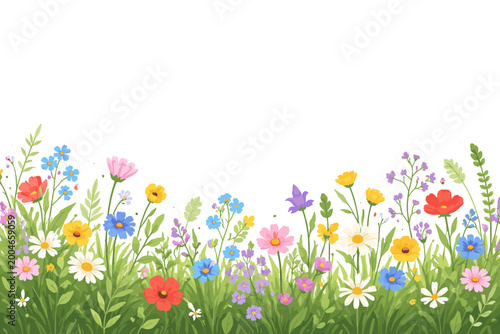 Colorful Wildflower Meadow Border Illustration with Green Grass and Various Spring Flowers like Daisies, Cosmos, and Forget-me-nots on White Background for Nature and Garden Design Projects