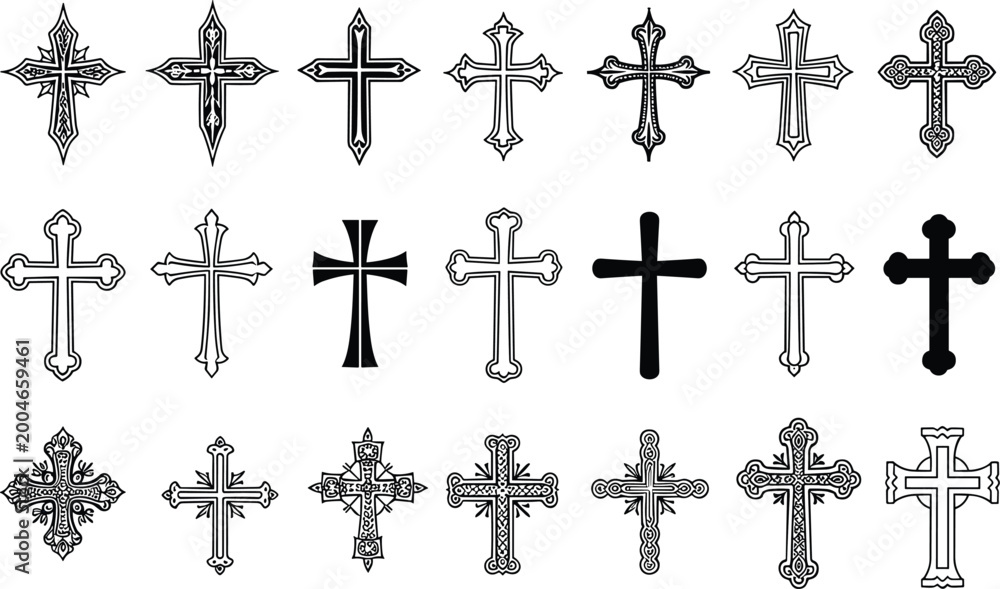 Fototapeta premium Large Collection of Ornate Religious Cross Icons and Gothic Christian Crucifix Symbols Isolated on White Background for Design