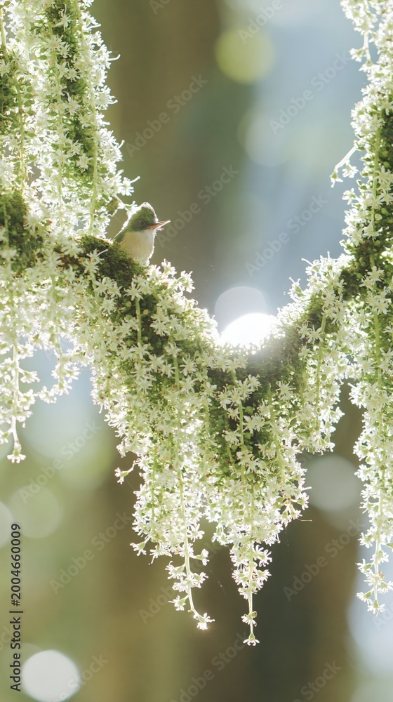 Fototapeta premium Small bird perched on cascading white blossoms in forest