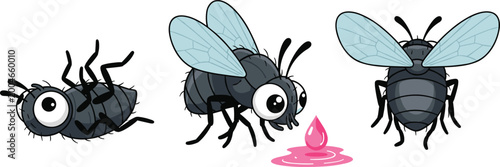 Billede på lærred Cute Cartoon Housefly Character Set with Funny Flying and Feeding Poses for Kids