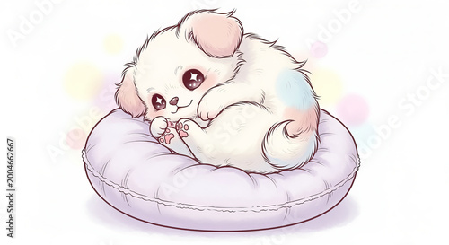 Adorable Puppy Snuggled in a Soft Pillow with Pastel Accents, Perfect for Children s Pet Themes
