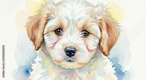 Charming Watercolor Illustration of a Playful Puppy with Expressive Eyes and a Tender Look in Nature
