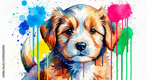 Charming Watercolor Portrait of an Adorable Puppy with Colorful Splashes, Capturing Playful Joy