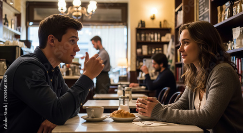 Young Adults Engaging in Deep Conversations at a Cozy Cafe, Surrounded by Coffee and Pastries