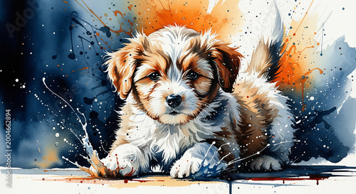 Adorable Watercolor Puppy Portrait with Colorful Splashes, Whimsical and Artistic Dog Illustration