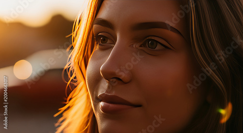 Serene Woman Against Golden Sunset Light, Capturing a Beautiful Portrait with Tranquil Expression