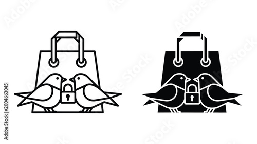 Konstfotografi Three birds carrying a padlock in shopping bags icon