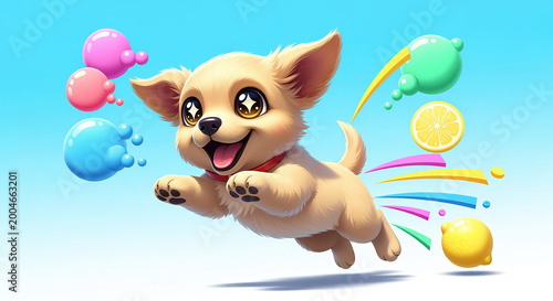 Playful Cartoon Chihuahua Puppy Joyfully Jumping with Colorful Fruits and Whimsical Graphics
