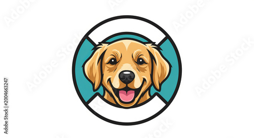 A cheerful golden retriever emblem featuring a cute smiling dog head in a bold circular design.
