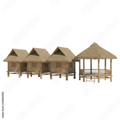 Four traditional bamboo huts and an octagonal gazebo with thatched roofs on a white studio background showing architectural details Concept of rural architecture