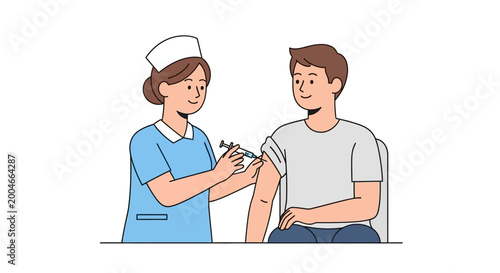 Nurse administering vaccine injection to smiling patient in medical clinic