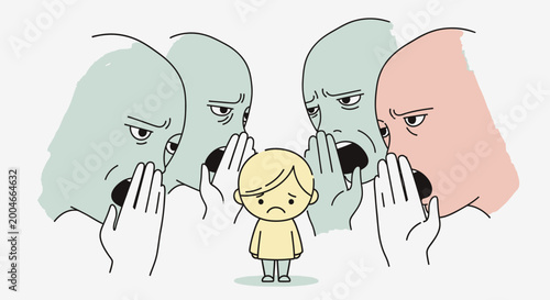 Sad child surrounded by whispering, judgmental faces representing bullying, gossip, and social exclusion